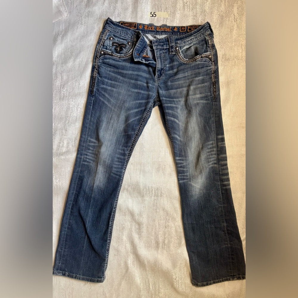 Rock Revival Men’s Relaxed Straight Tick Stitch Jeans Blue Grotto Boot Size 35